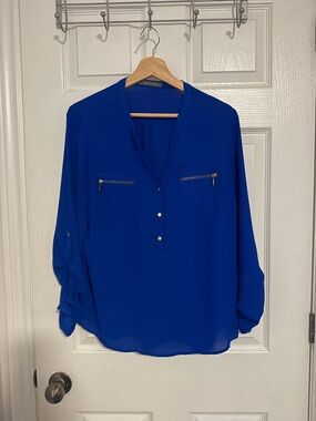 Suzy Shier Royal Blue Split V-Neck Blouse with Gold Zips